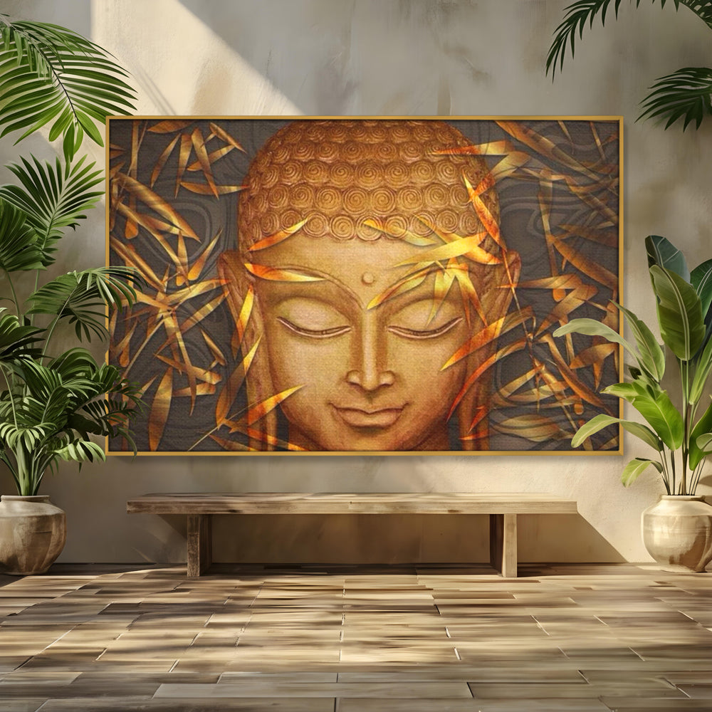 Tablou canvas cu tablou canvas cu chipul lui buddha, in rama de aluminiu auriu